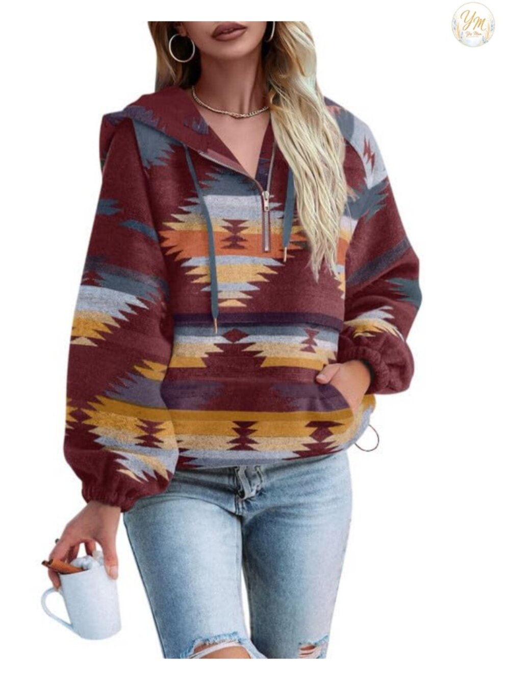 Womens Aztec Zip Up Hooded Sweatshirt Boho Western Pullover Top